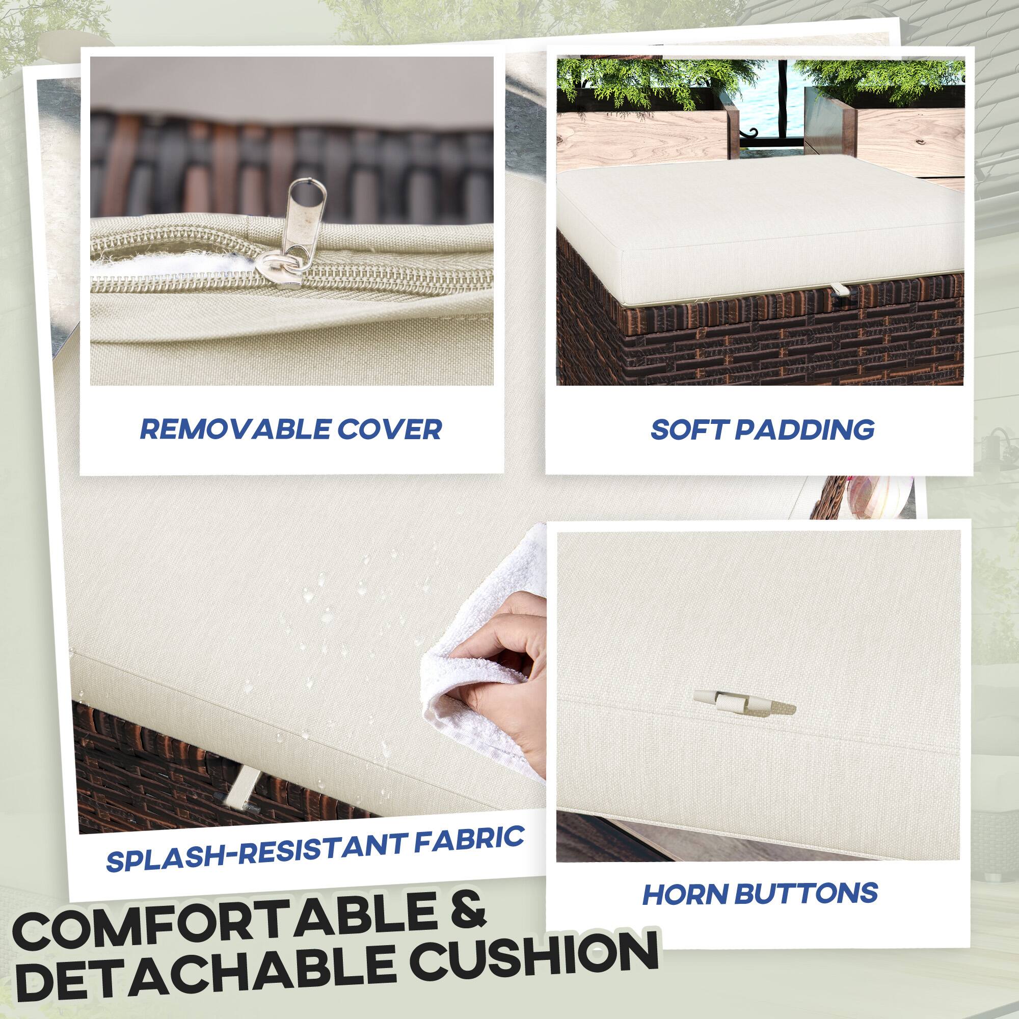 COMFORTABLE & DETACHABLE CUSHION
REMOVABLE COVER
SOFT PADDING
SPLASH-RESISTANT FABRIC
HORN BUTTONS