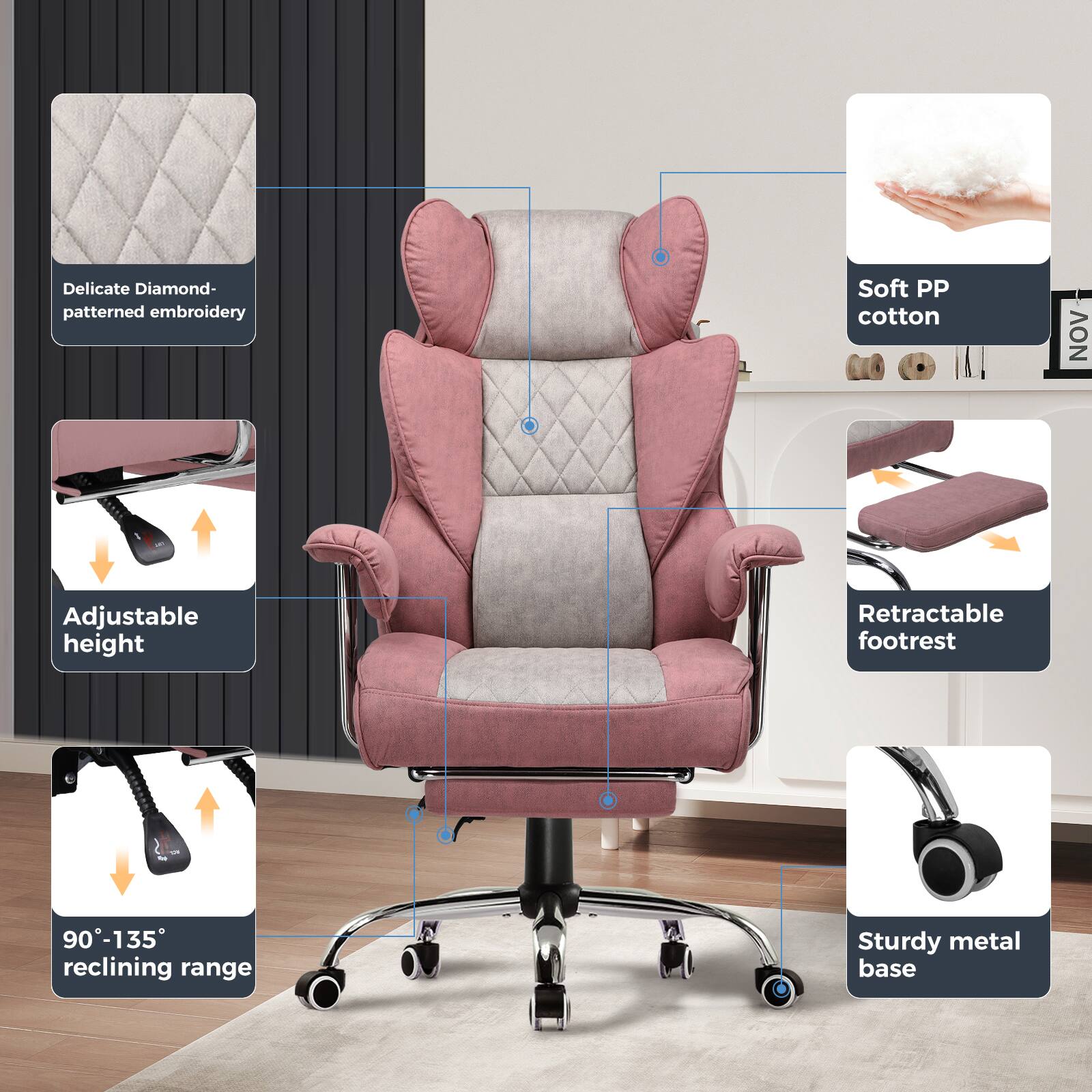 - Delicate Diamond-patterned embroidery
- Soft PP cotton
- Adjustable height
- Retractable footrest
- 90°-135° reclining range
- Sturdy metal base