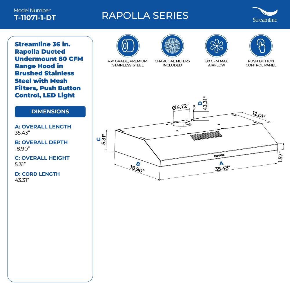 Model Number: T-11071-1-DT
RAPOLLA SERIES
Streamline
Streamline 36 in. Rapolla Ducted Undermount 80 CFM Range Hood in Brushed Stainless Steel with Mesh Filters, Push Button Control, LED Light
DIMENSIONS
A: OVERALL LENGTH 35.43"
B: OVERALL DEPTH 18.90"
C: OVERALL HEIGHT 5.31"
D: CORD LENGTH 43.31"
430 GRADE, PREMIUM CHARCOAL FILTERS STAINLESS-STEEL INCLUDED
4.72"
12.01"
1.57"
80 CFM MAX AIRFLOW
PUSH BUTTON CONTROL PANEL