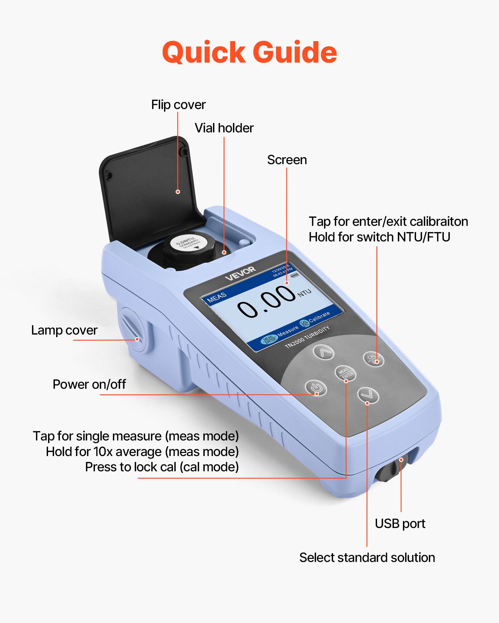 Quick Guide

- Flip cover
- Vial holder
- Screen
- Lamp cover
- Power on/off
- Tap for enter/exit calibration
- Hold for switch NTU/FTU
- Tap for single measure (meas mode)
- Hold for 10x average (meas mode)
- Press to lock cal (cal mode)
- USB port
- Select standard solution