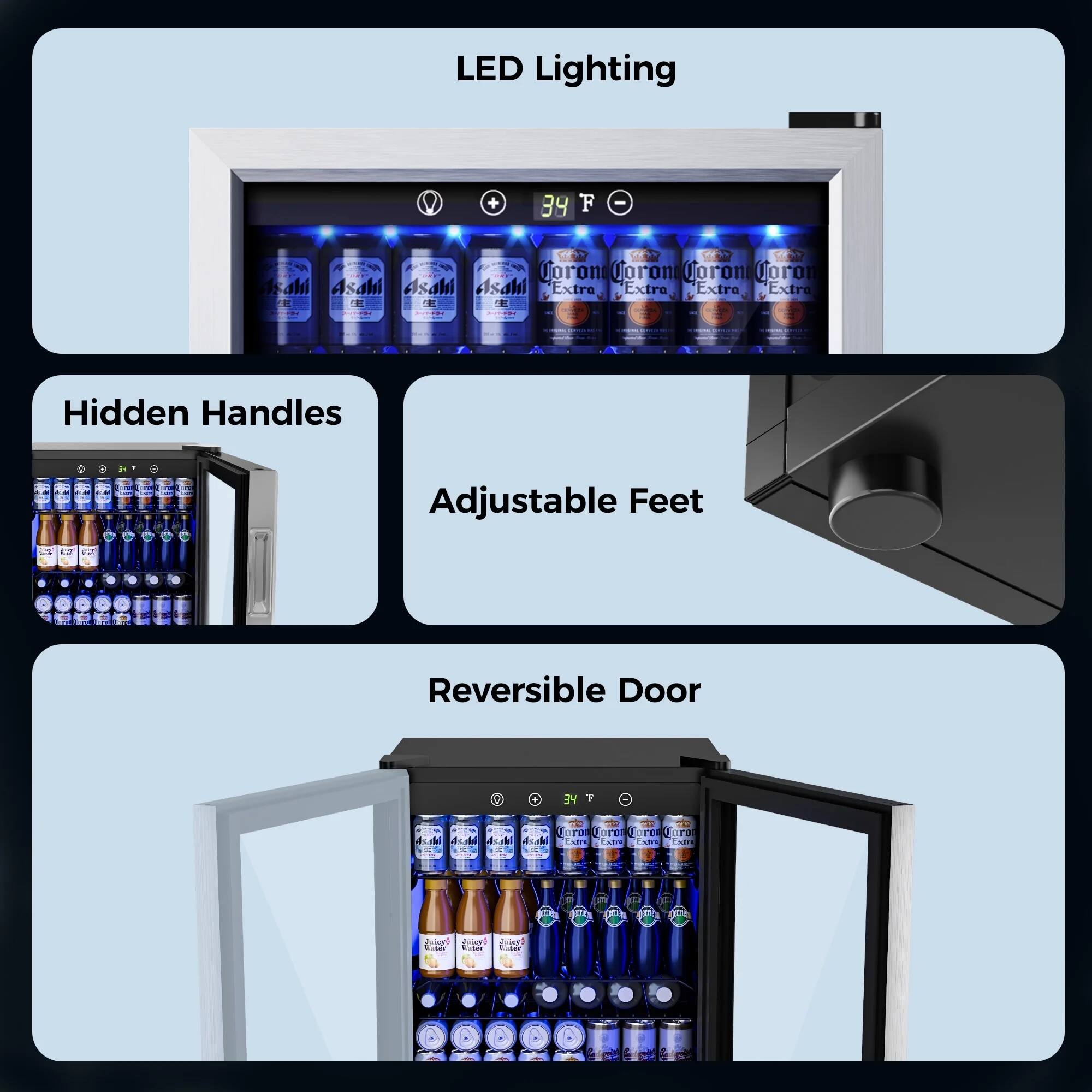LED Lighting  
39°F  

Hidden Handles  
Adjustable Feet  
Reversible Door