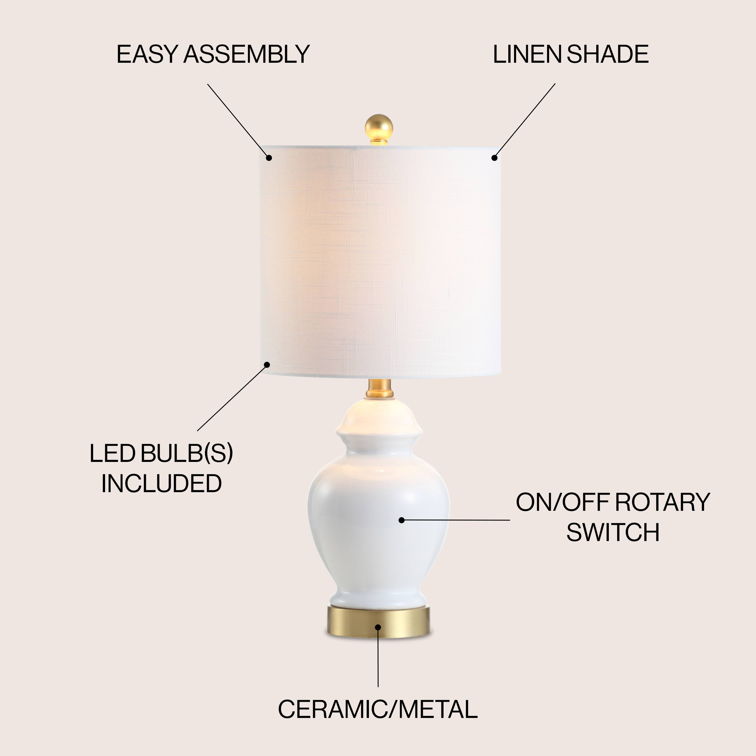 EASY ASSEMBLY  
LINEN SHADE  
LED BULB(S) INCLUDED  
ON/OFF ROTARY SWITCH  
CERAMIC/METAL