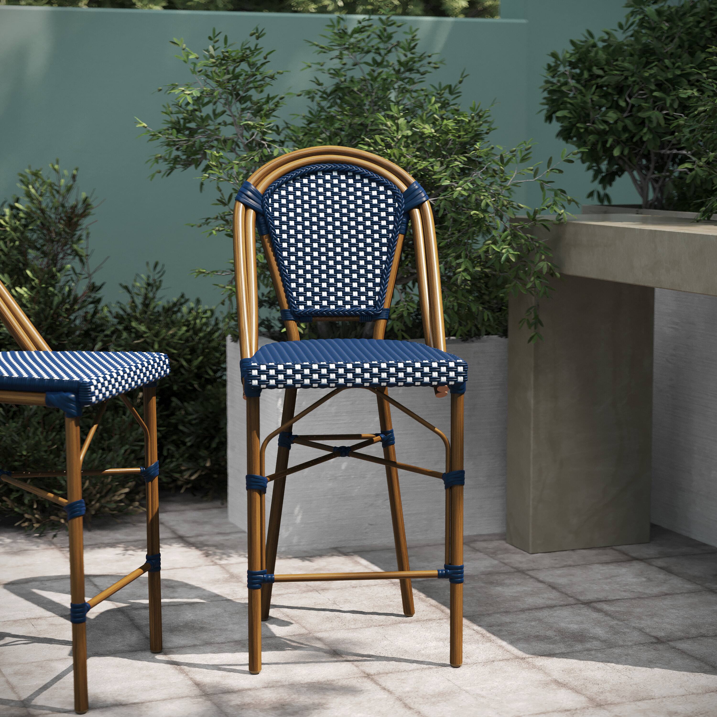 Alt View 5. Emma + Oliver - Soie Set of Two 26" High Stacking Bistro Counter Stools with PE Seat and Back and Metal Frames for Indoor/Outdoor Use - Navy & White/Natural Frame.