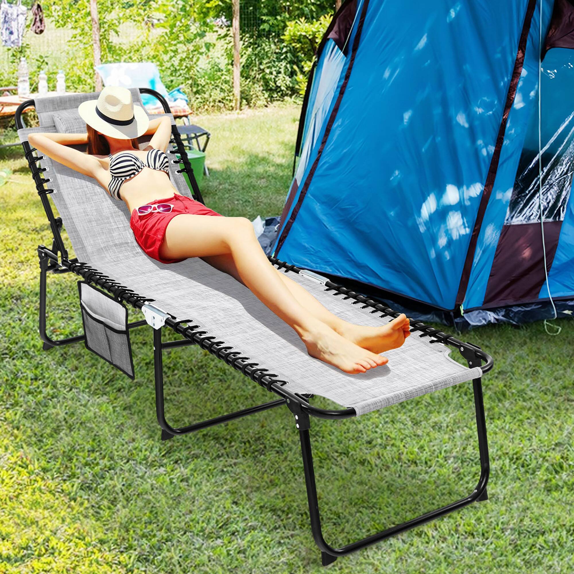 Alt View 1. Gymax - Gymax 2 PCS Folding Chaise Lounge Portable Lay Flat Reclining Chair w/ 4-Level Backrest Side Pocket Gray - Gray.