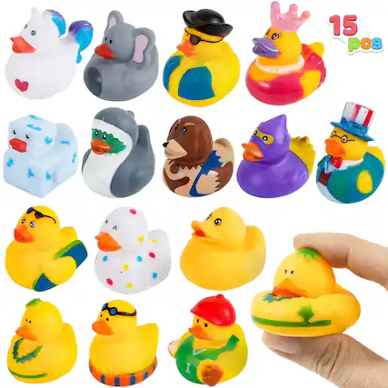 Front. Joyfy - 15 Pcs Rubber Ducks Bath Toys Birthday Gifts for Kids, Random Assortment Mini Rubber Duckie Toys with Mesh Carry Bag - Multicolored.