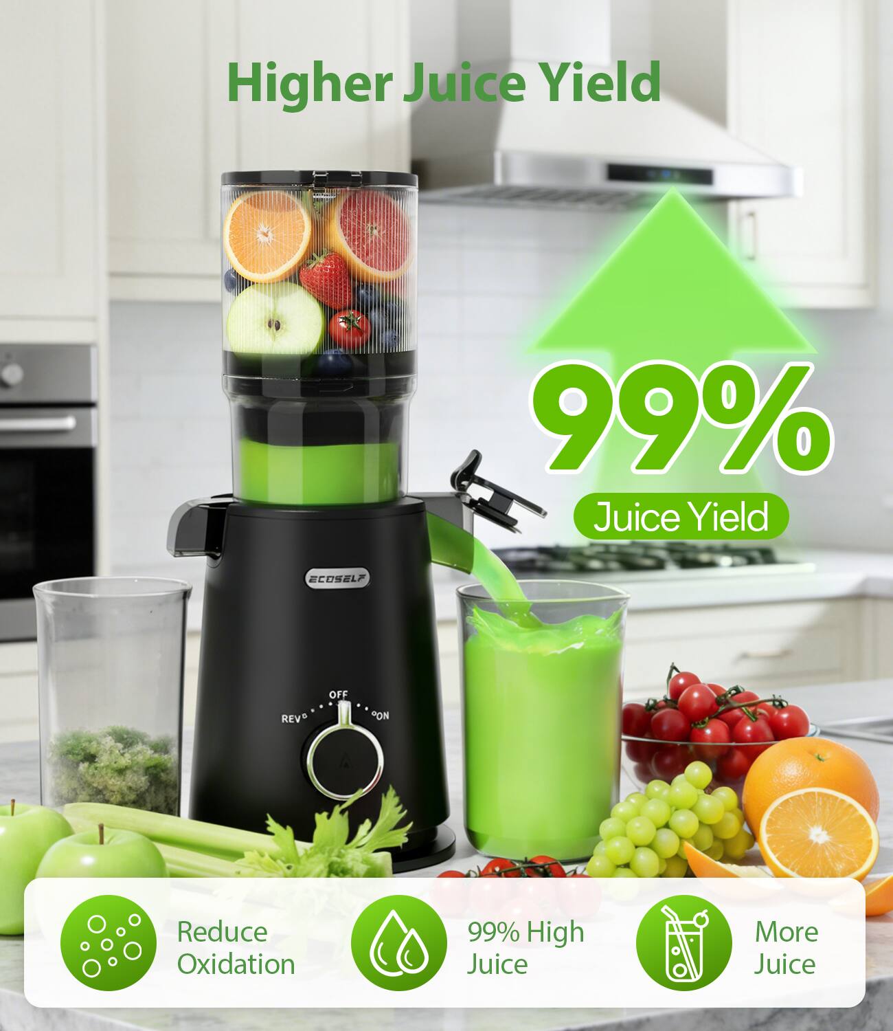 Higher Juice Yield  
99% Juice Yield  
Reduce Oxidation  
99% High Juice  
More Juice