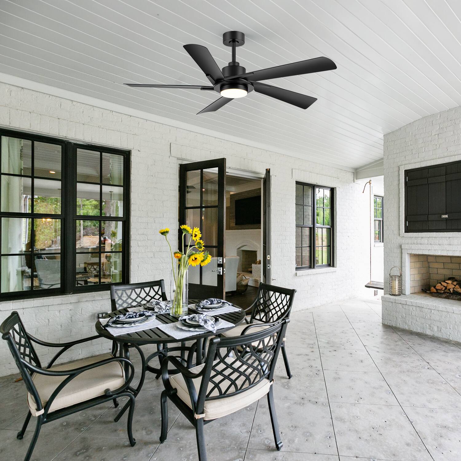 Left. Breezary - 60-Inch Indoor Ceiling Fan with 5 ABS Blades, 3-Color Light, 6-Speed DC Motor, Remote, Timer & Memory, 6"/12" Downrods - Matte Black.