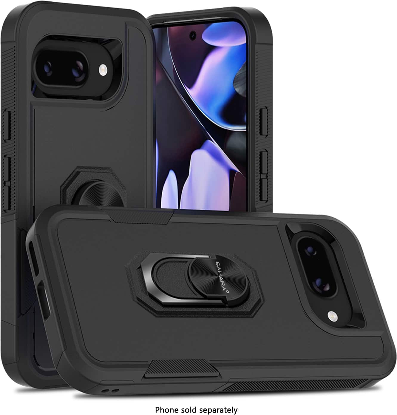 The image features a black cell phone case that is designed to fit the iPhone X. The case is made of durable material and has a camera lens cover to protect the lens. The case is displayed in two different orientations, with one side showing the back of the case and the other side showing the front. The case is available for purchase, and the phone is sold separately.