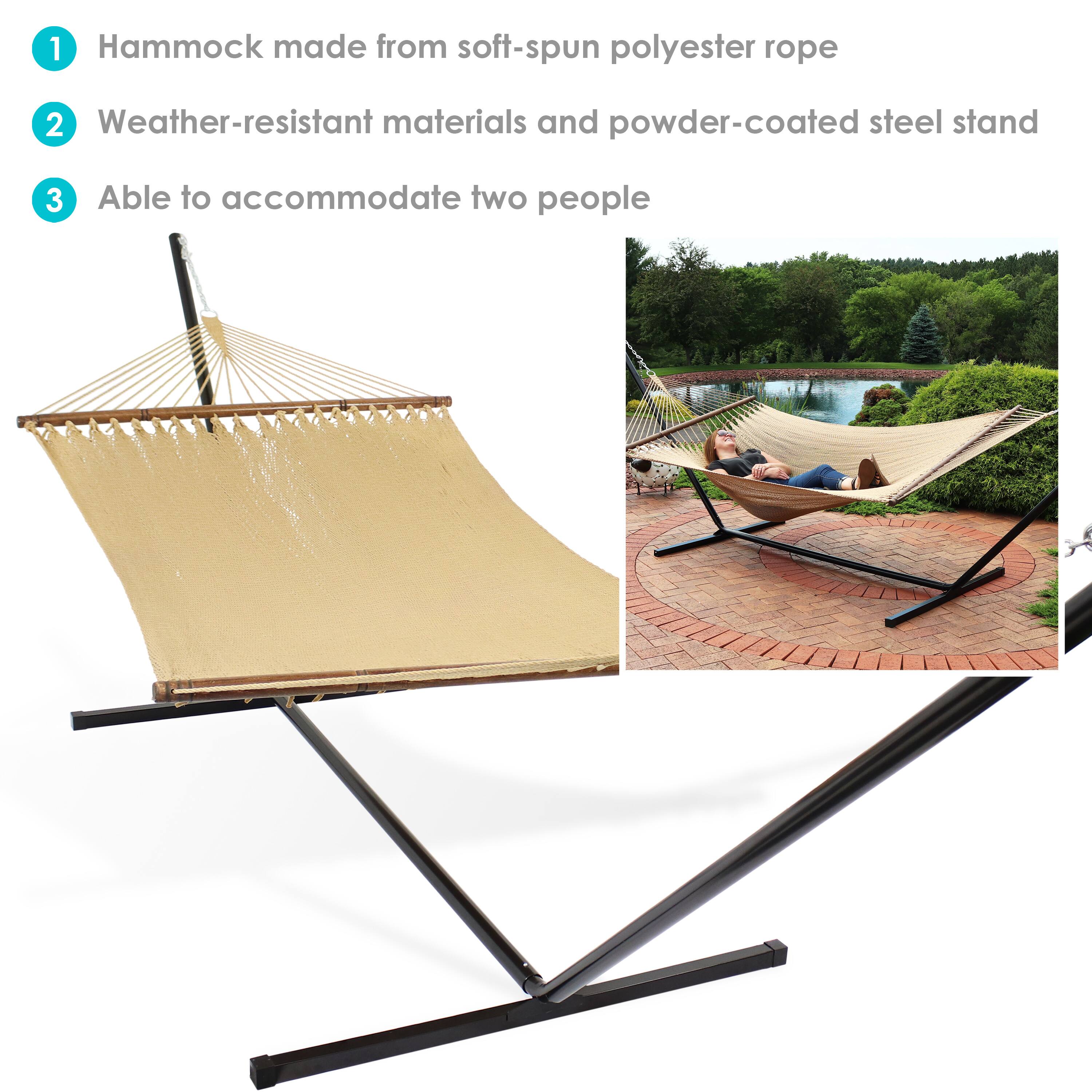 1. Hammock made from soft-spun polyester rope  
2. Weather-resistant materials and powder-coated steel stand  
3. Able to accommodate two people