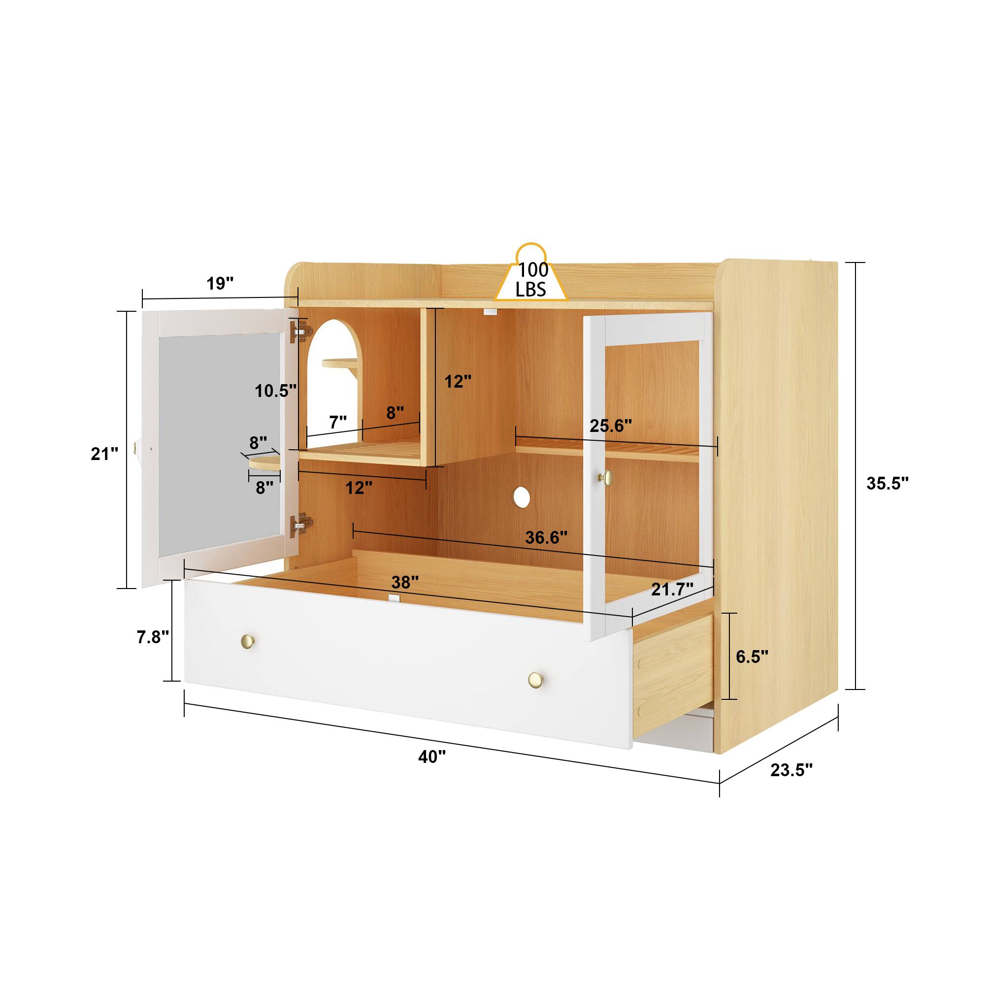 19"  
100 LBS  
21"  
10.5"  
8"  
8"  
7"  
12"  
8"  
12"  
25.6"  
35.5"  
36.6"  
38"  
21.7"  
7.8"  
6.5"  
40"  
23.5"