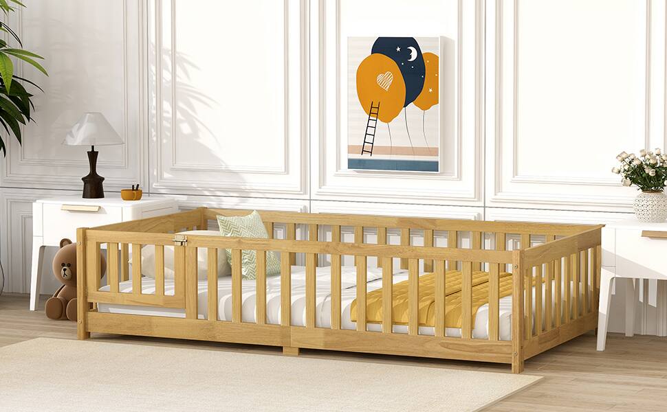 Alt View 2. Tiramisubest - Twin Size Floor Bed with Fence and Door,Rubber Wood Floor Bed with Safety Guardrails,Natural - Natural.