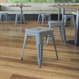 Emma + Oliver - 18 Inch Table Height Indoor Stackable Metal Dining Stool-Set of 4 - Silver