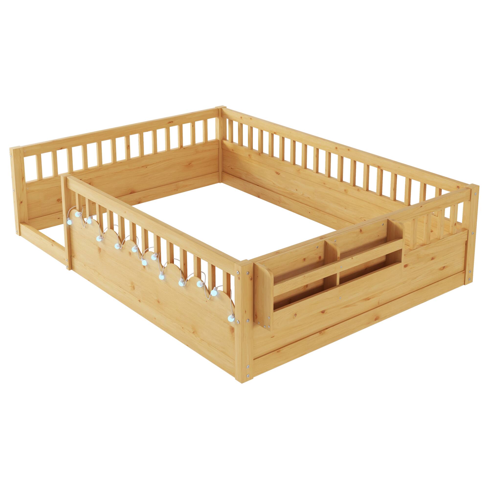 Alt View 5. GOODSILO - Full Size Low Profile Children's Floor Bed Frame Integrated LED Lighting and Convenient Storage Shelf - Natural.