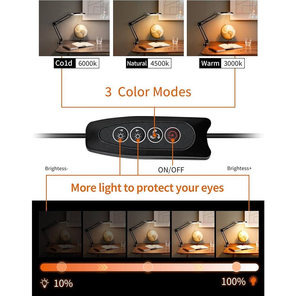 Cold 6000k  
Natural 4500k  
Warm 3000k  

3 Color Modes  

Brightness-  
ON/OFF  
Brightness+  

More light to protect your eyes  

10%  
100%