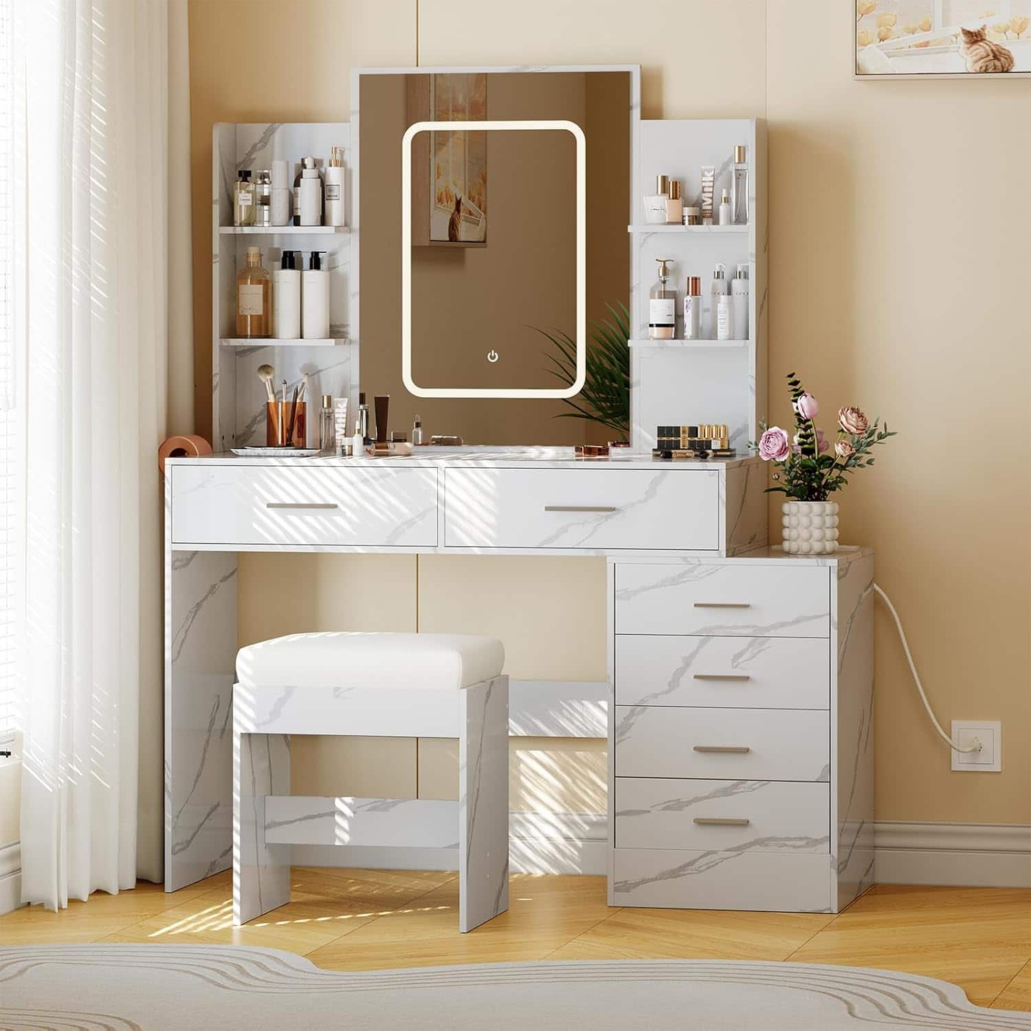 Acekool - Vanity Desk with Lighted Mirror, Power Outlet, 6 Drawers, 4 Shelves & Padded Stool, Marble - White