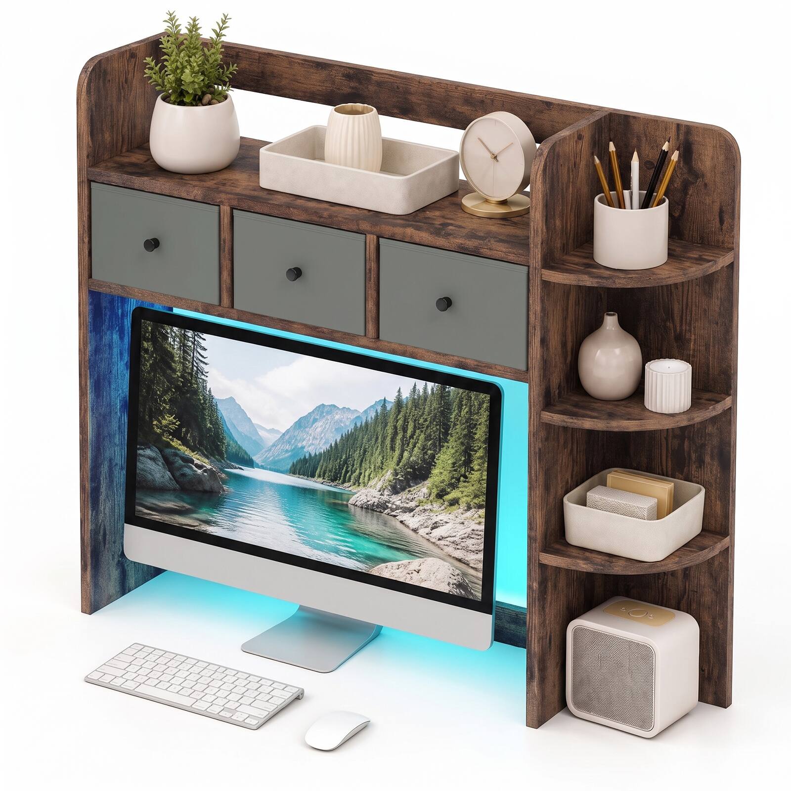 Alt View 9. Costway - Costway Desktop Bookshelf, Countertop Hutch Organizer with LED Lights, 5-Tier Shelves - Rustic Brown.