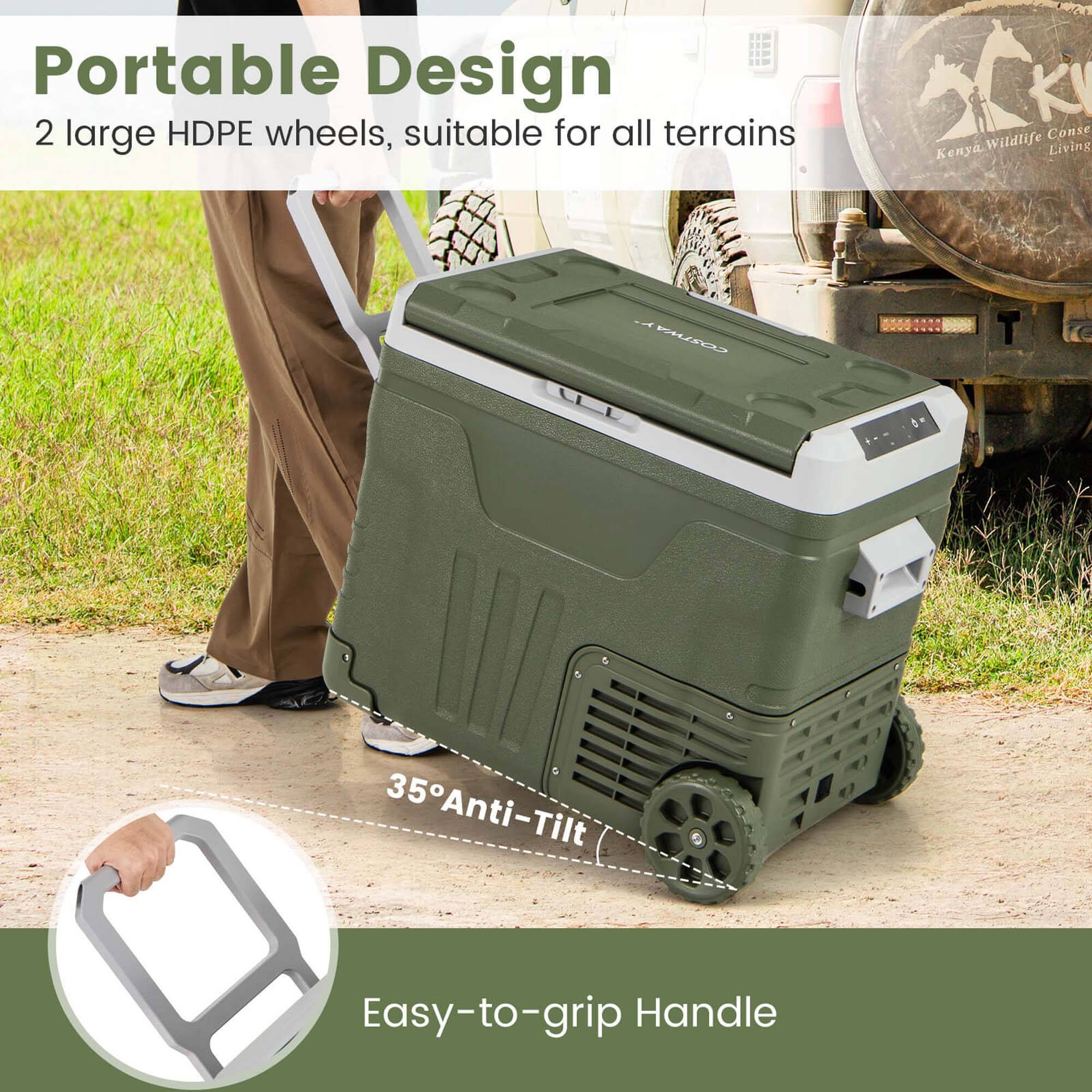 Portable Design  
2 large HDPE wheels, suitable for all terrains  

35° Anti-Tilt  

Easy-to-grip Handle