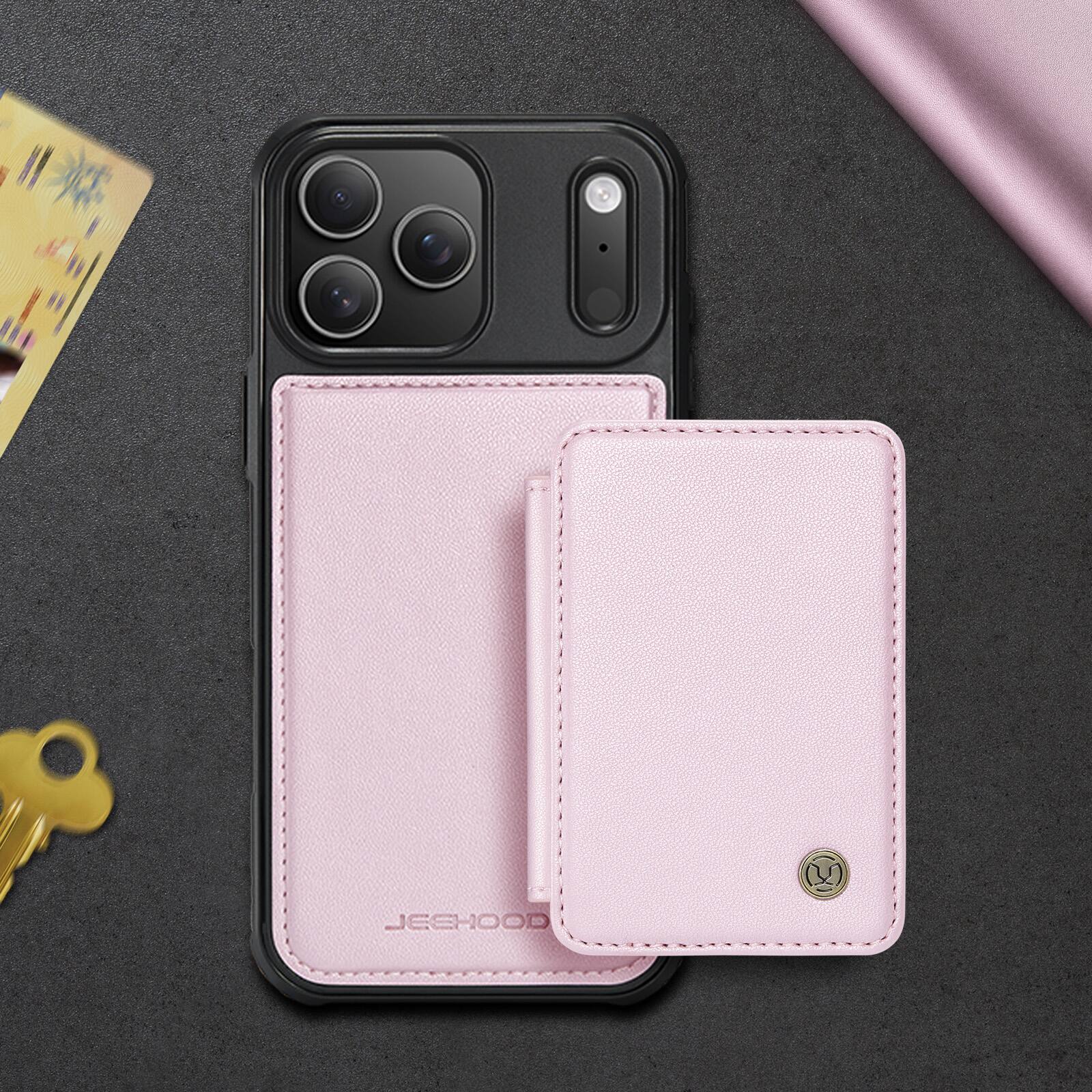 Alt View 2. Dteck - 2-in-1 Wallet Case for Apple iPhone 17 Pro Max with Magnetic Card Holder, RFID PU Leather Flip Folio Kickstand Cover - Pink.
