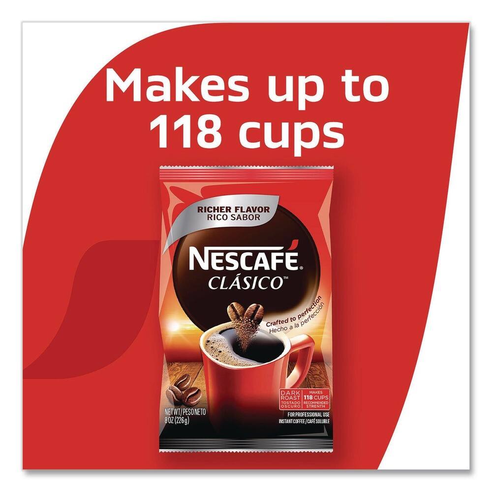 Makes up to 118 cups

RICHER FLAVOR RICO SABOR

NESCAFÉ CLÁSICO

Crafted to perfection Hecho a la perfección

DARK ROAST TOSTADO OSCURO

118 CUPS

FOR PROFESSIONAL USE USO PROFESIONAL

INSTANT COFFEE CAFÉ SOLUBLE

NET WT PESO NETO 8 OZ (226g)