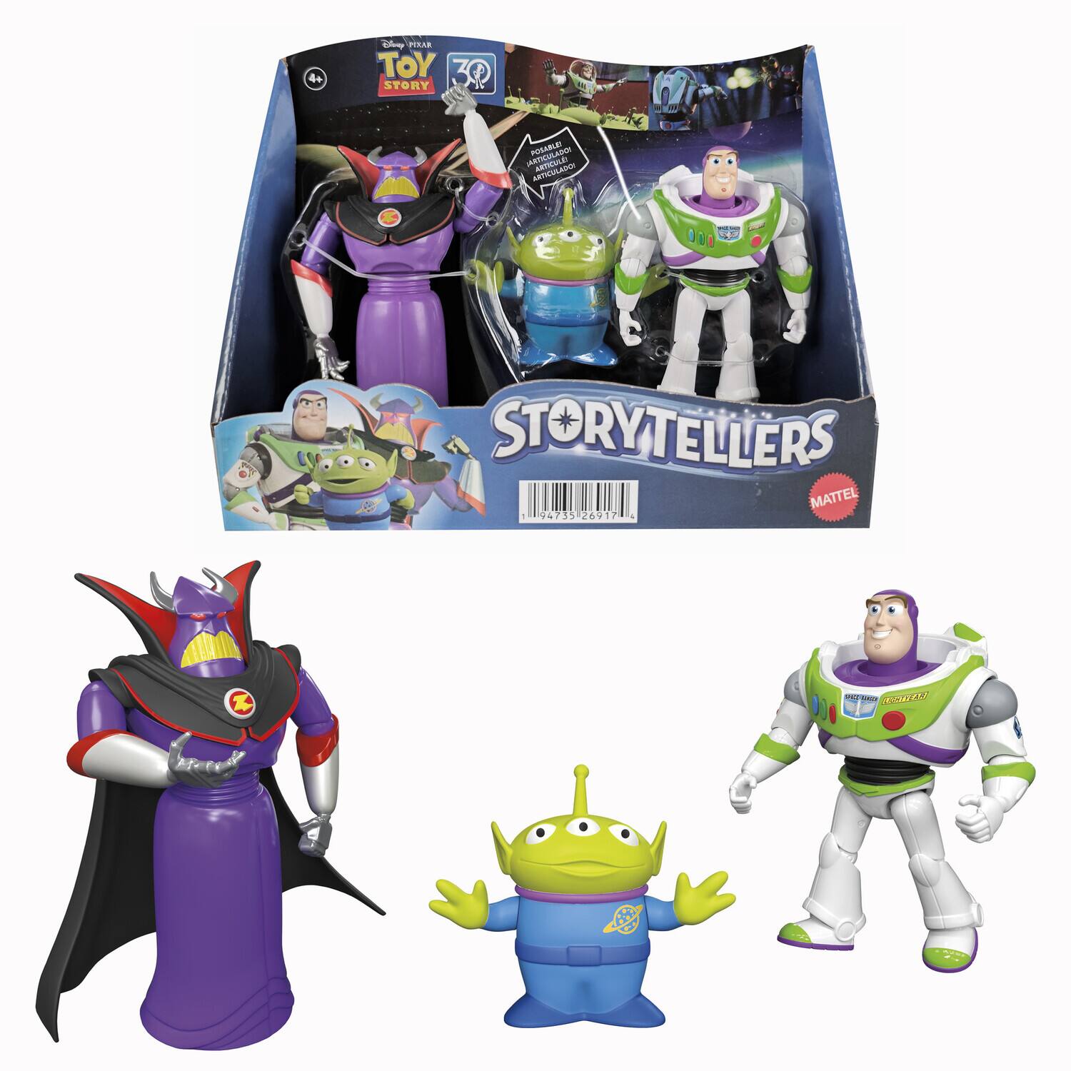 Disney Pixar  
Toy Story 30  
Storytellers  
MATTEL  
4+  
STORYTELLERS  
Buzz Lightyear  
Woody  
Zurg  
Buzz Lightyear  
Woody  
Zurg