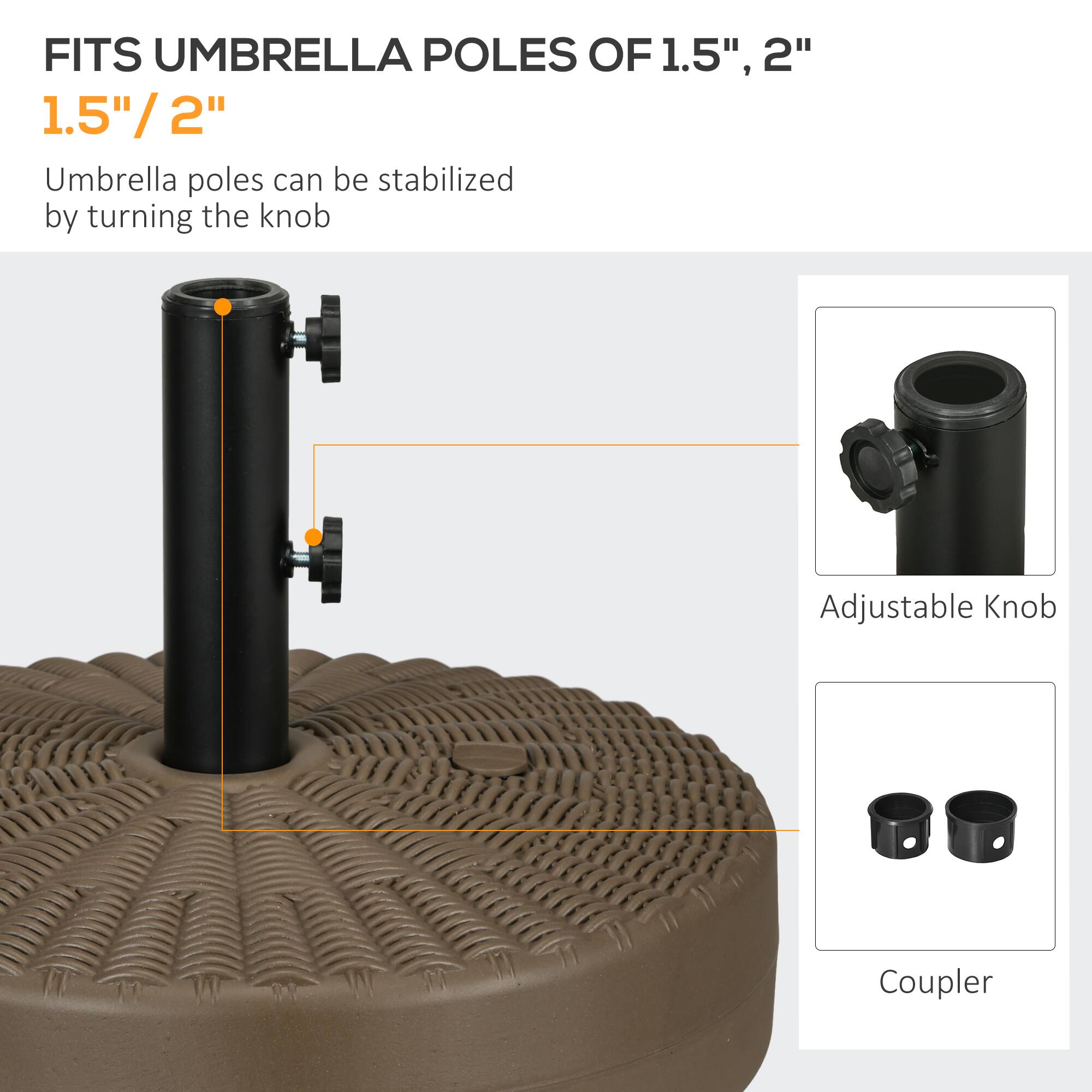 FITS UMBRELLA POLES OF 1.5", 2" 1.5"/2" Umbrella poles can be stabilized by turning the knob Adjustable Knob Coupler