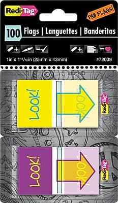 Redi-Tag - Pop-Up Fab Flags W/ Dispenser, "Look!", Purple/Yellow & Yellow/Teal, 100/Pk - Purple/Yellow, Yellow/Teal