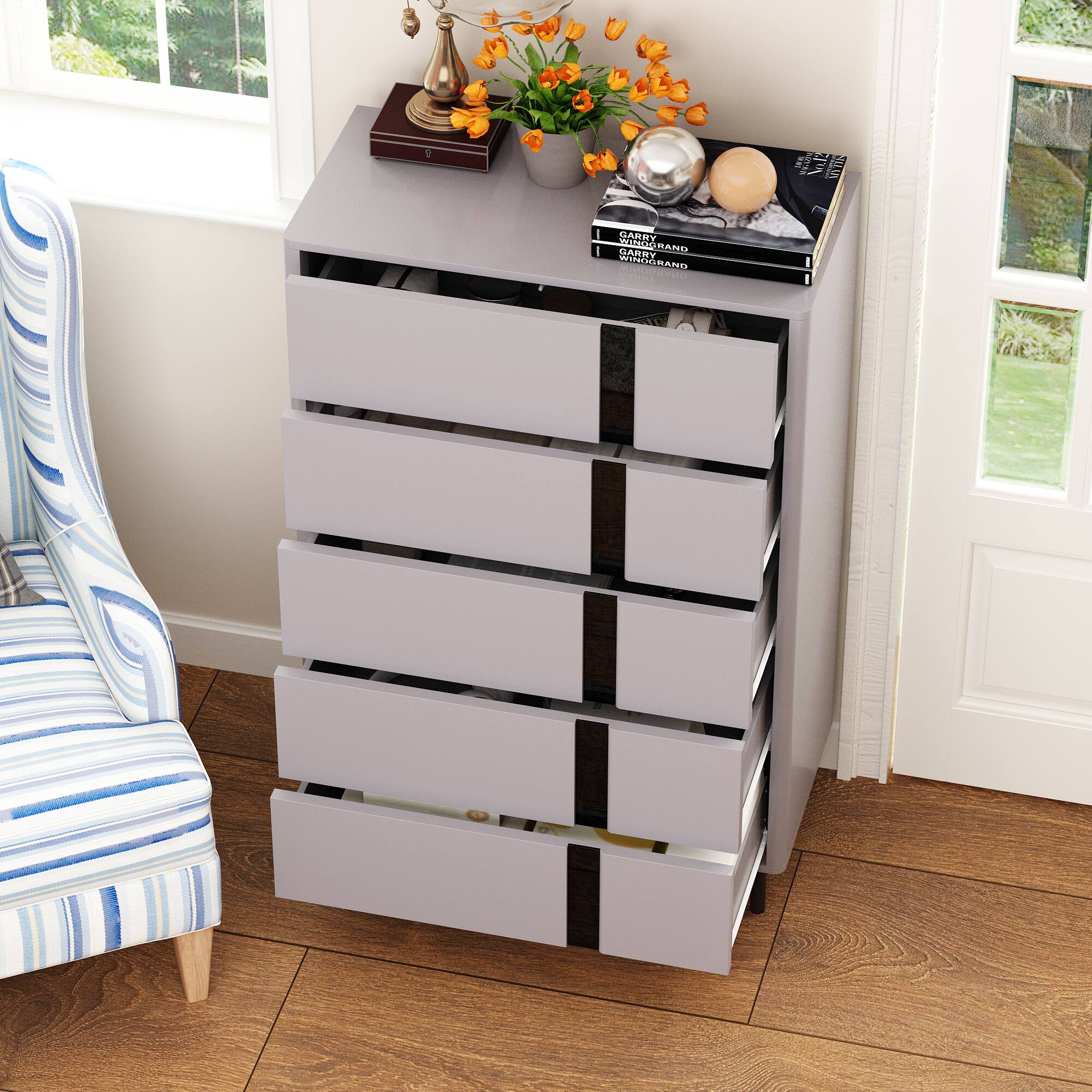 I'm sorry, but the text you provided does not seem to be related to the image. The image shows a multi-drawer dresser with a vase of flowers on top, a chair, and a book. The text does not provide any context or information about the image.