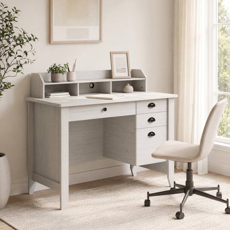 Angle. WELLFOR - 43.5" Vintage Computer Desk with 4 Drawers & Monitor Stand, Study Writing Desk with Storage Shelves - White.