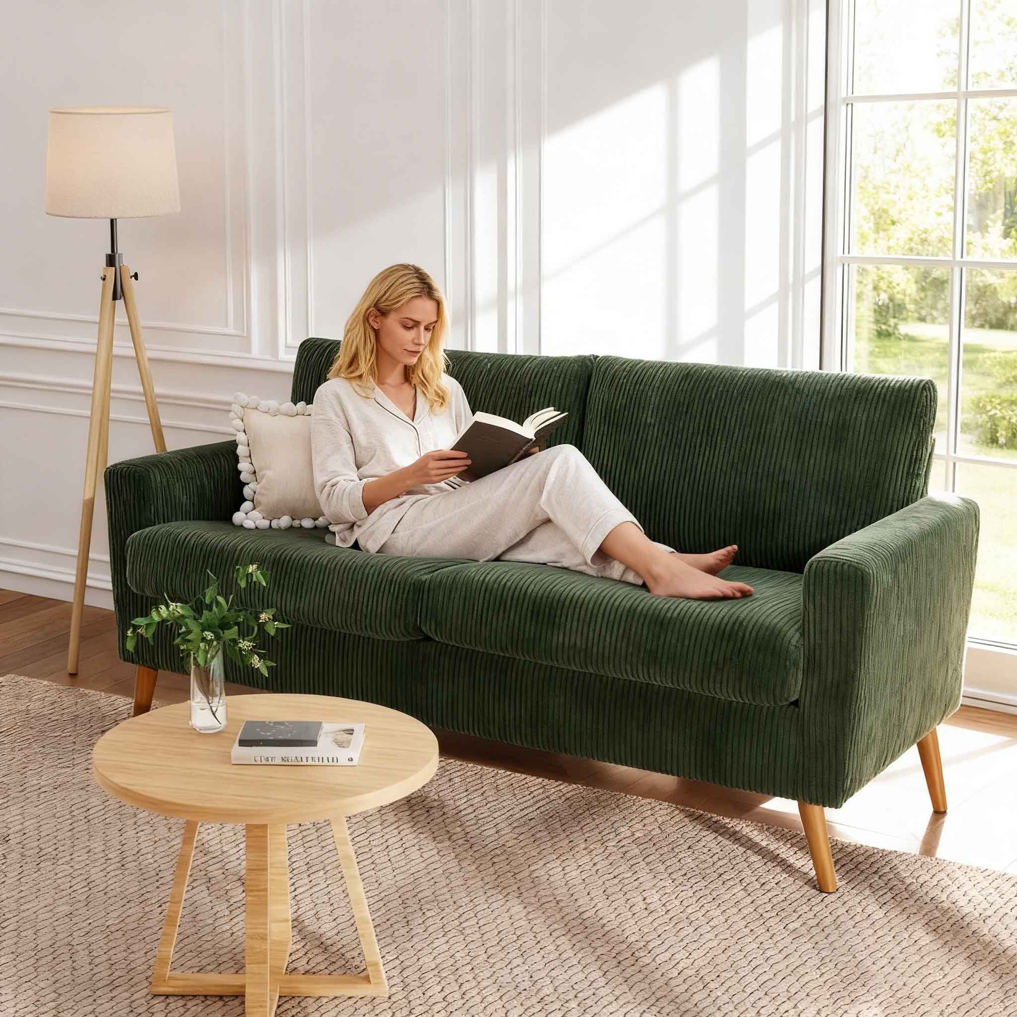 Vipbear - 68" Sofa Couch Comfy Loveseat with Spring Cushion Solid Wood Green+corduroy - Green