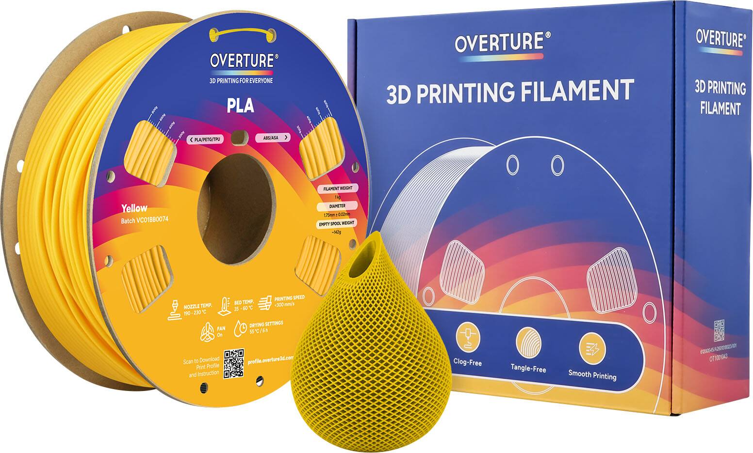 OVERTURE 3D PRINTING FOR EVERYONE  
PLA OVERTURE 3D PRINTING FILAMENT  
PLA/PETG/TPU ABS/ASA  

Yellow  
Batch VC01B80074  

FILAMENT WEIGHT: 1kg  
DIAMETER: 1.75mm ±0.02mm  
EMPTY SPOOL WEIGHT: 342g  

NOZZLE TEMP: 190-230°C  
BED TEMP: 60°C  
FAN: On  

PRINTING SPEED: 300 mm/s  
DRYING SETTINGS: 55°C/6h  

Scan to Download Print Profile and Instruction  
profile.overture3d.com  

Clog-Free  
Tangle-Free  
Smooth Printing  

OT1001043