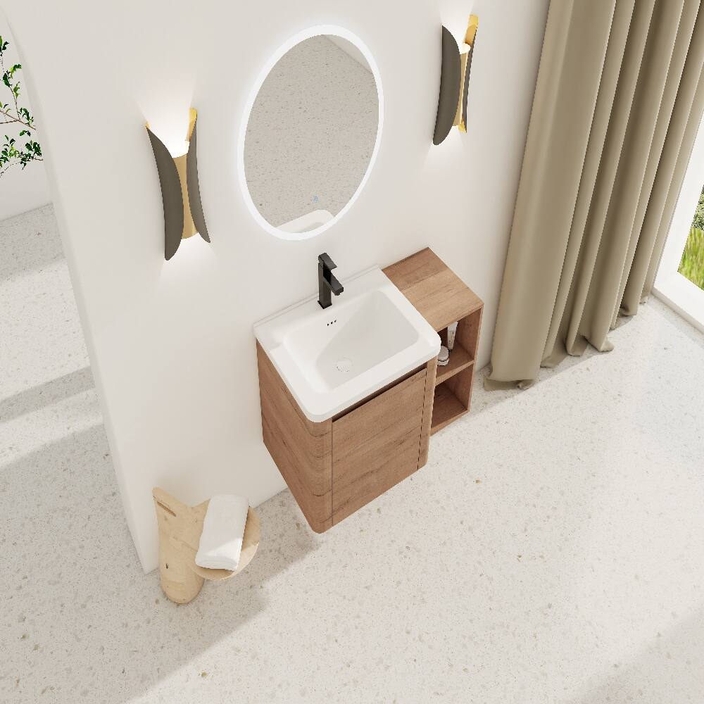 Alt View 2. Loheer - Loheer 36 inch wall mounted bathroom vanity with white ceramic sink and storage shelves, Imitative Oak - Imitative Oak.