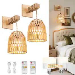 HM 1810 - Rattan Wall Sconce Operated Rechargeable Sconces Set Of With mah Bulbs Boho Wireless Lamp lights For Bedroom - Wood-Rattan