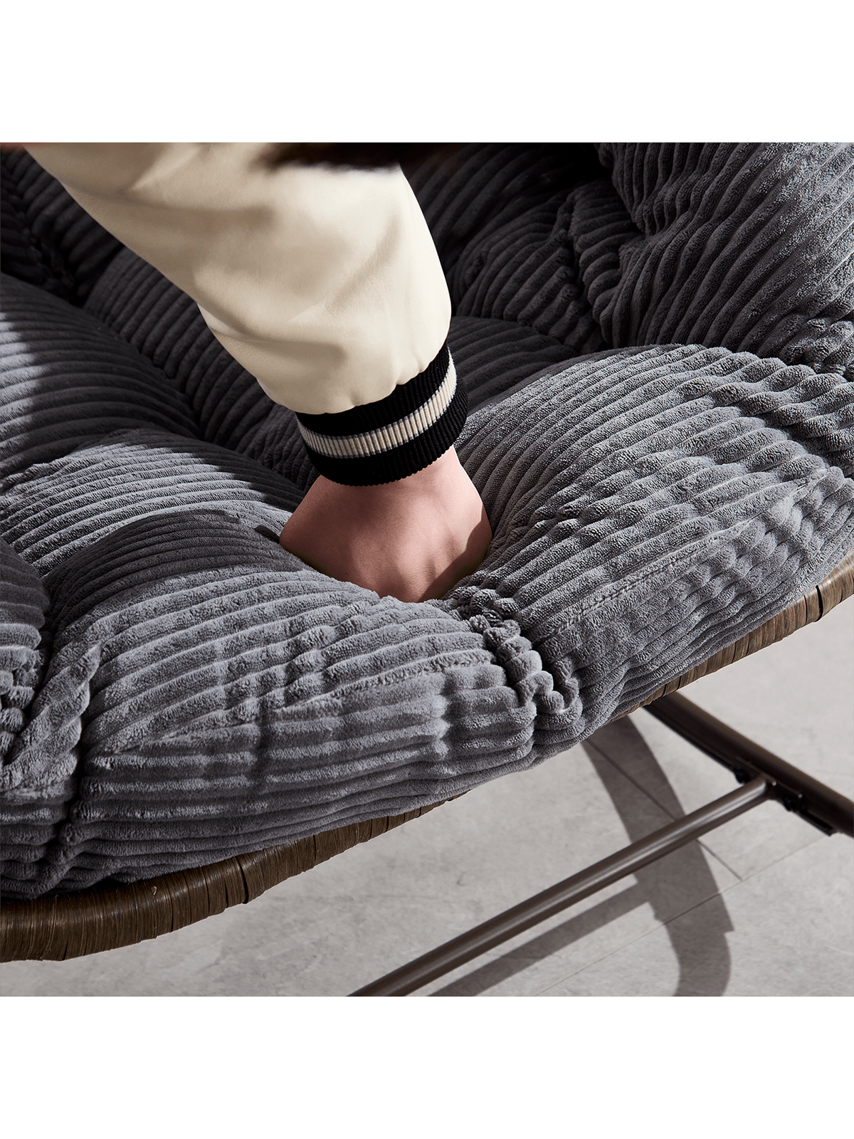 Back. Trinkets Crazed - Outdoor Indoor Rocking Chair With Padded Cushion, Oversized Patio Papasan Rocking Egg Chair - Gray.