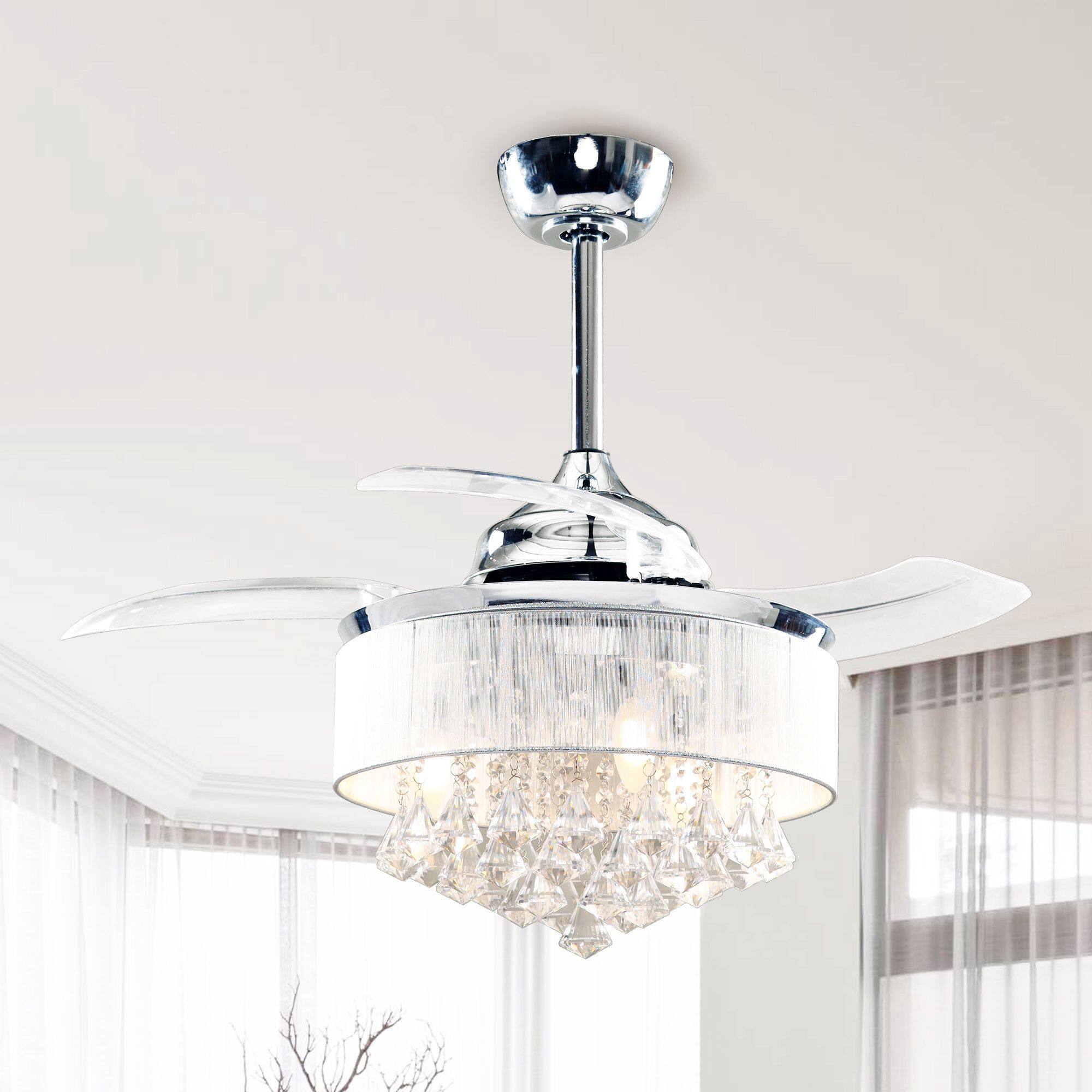 Angle. Parrot Uncle - 36" Chrome Retractable 3-blade Crystal Ceiling Fan Chandelier with Remote - Chrome.