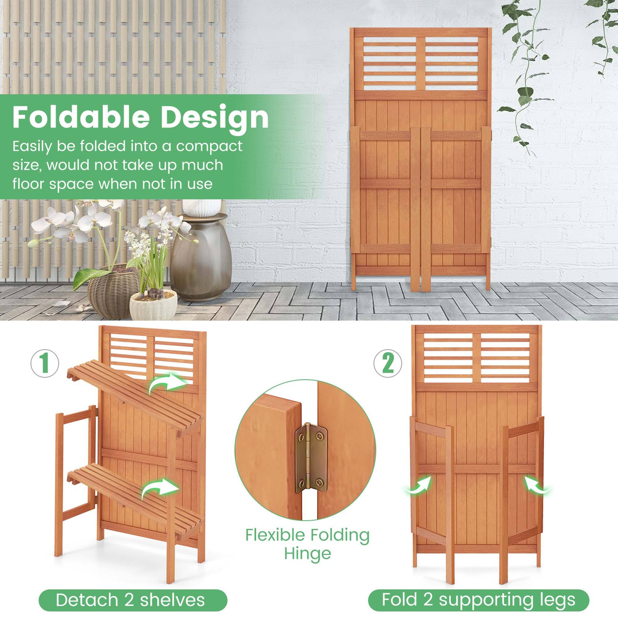 Foldable Design: Easily be folded into a compact size, would not take up much floor space when not in use.

1. Flexible Folding Hinge: Detach 2 shelves, Fold 2 supporting legs.