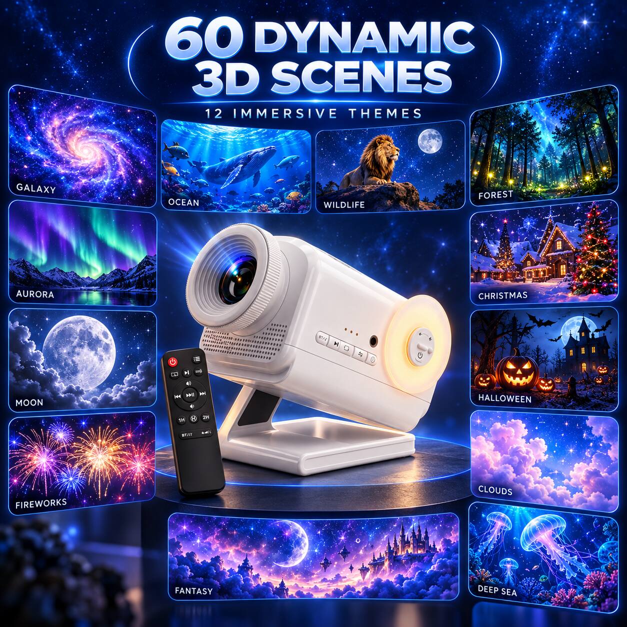 60 DYNAMIC 3D SCENES  
12 IMMERSIVE THEMES

- GALAXY
- OCEAN
- WILDLIFE
- FOREST
- AURORA
- CHRISTMAS
- MOON
- HALLOWEEN
- FIREWORKS
- CLOUDS
- FANTASY
- DEEP SEA