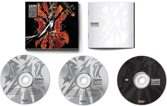 **S&M2**
METALLICA AND SAN FRANCISCO SYMPHONY
2CD/DVD
OVER TWO HOURS
NEW BAND CUT OF THE S&M2 FILM
PHOTOGRAPHED BY ANTON CORBUN
---
**Disc 1**
1. The Ecstasy of Gold - 2:41
2. The Call of Ktulu - 9:14
3. For Whom The Bell Tolls - 4:37
4. The Day That Never Comes - 8:27
5. The Memory Remains - 5:42
6. Confusion - 6:41
7. Moth Into Flame - 6:18
8. The Outlaw Torn - 10:03
9. No Leaf Clover - 5:30
10. Halo on Fire - 8:17
11. Intro to Scythian Suite, Opus 20h - 3:39
12. Wherever I May Roam - 6:32
13. Intro to The Iron Foundry - 1:03
14. One - 9:24
15. The Iron Foundry, Opus 19 - 4:16
16. Master of Puppets - 8:30
17. The Unforgiven III - 8:19
18. Nothing Else Matters - 6:40
19. All Within My Hands - 6:54
20. Enter Sandman - 8:46
---
**Disc 2**
1. Intro to Scythian Suite, Opus 20h - 3:39
2. Wherever I May Roam - 6:32
3. Intro to The Iron Foundry - 1:03
4. One - 9:24
5. The Iron Foundry, Opus 19 - 4:16
6. Master of Puppets - 8:30
7. The Unforgiven III - 8:19
8. Nothing Else Matters - 6:40
9. All Within My Hands - 6:54
10. Enter Sandman - 8:46
11. (Anesthesia)