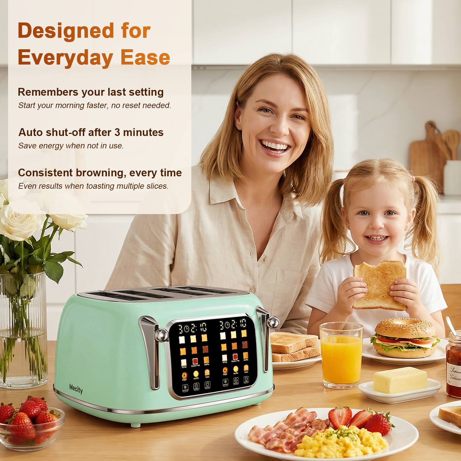 Designed for Everyday Ease

- Remembers your last setting
  - Start your morning faster, no reset needed.
- Auto shut-off after 3 minutes
  - Save energy when not in use.
- Consistent browning, every time
  - Even results when toasting multiple slices.

SOE $ 302:10

Mecity

PAR $ $ $