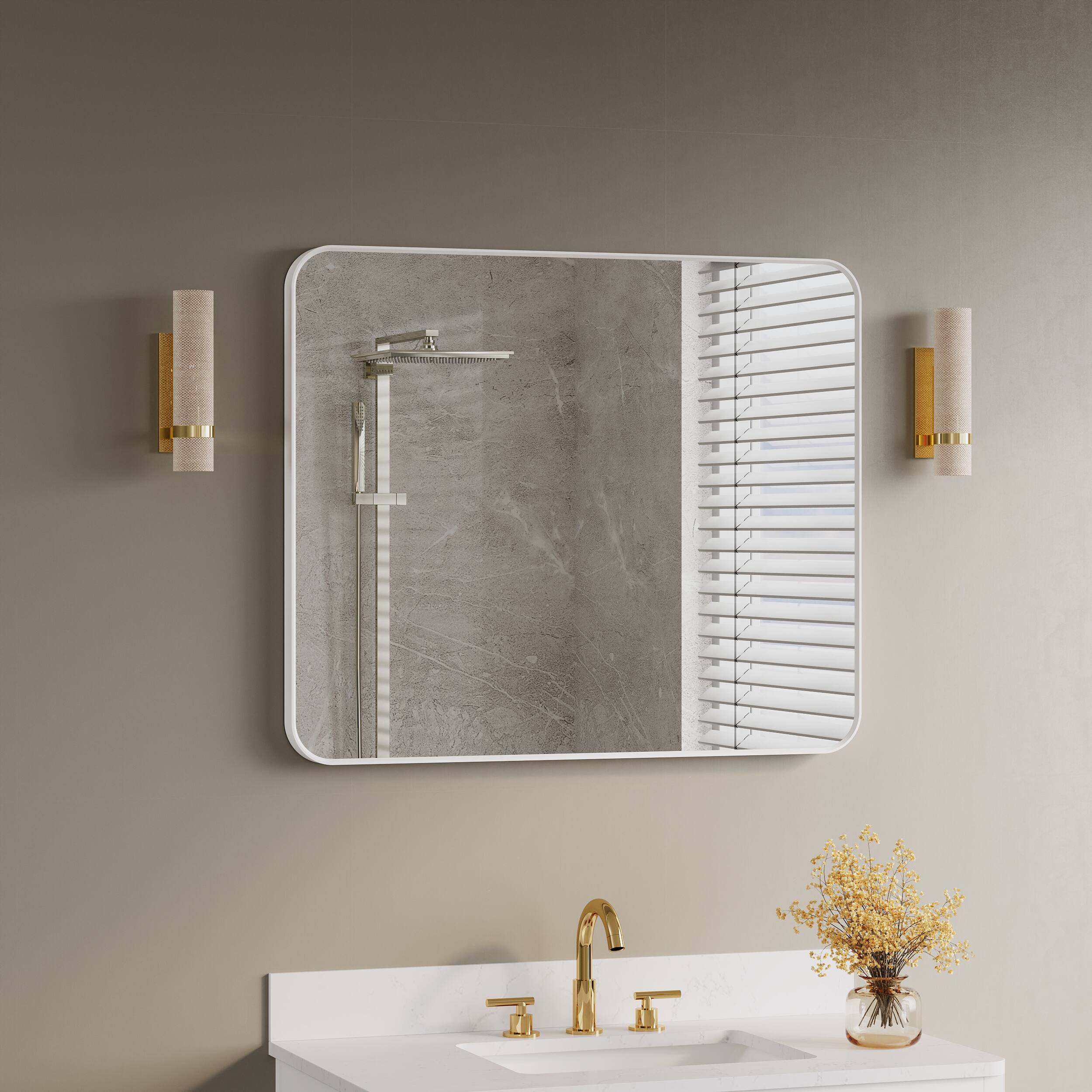 Back. WELLFOR - 30 in. W. x 36 in. H Rectangular Aluminum Framed Wall-Mounted Bathroom Vanity Mirror - White.