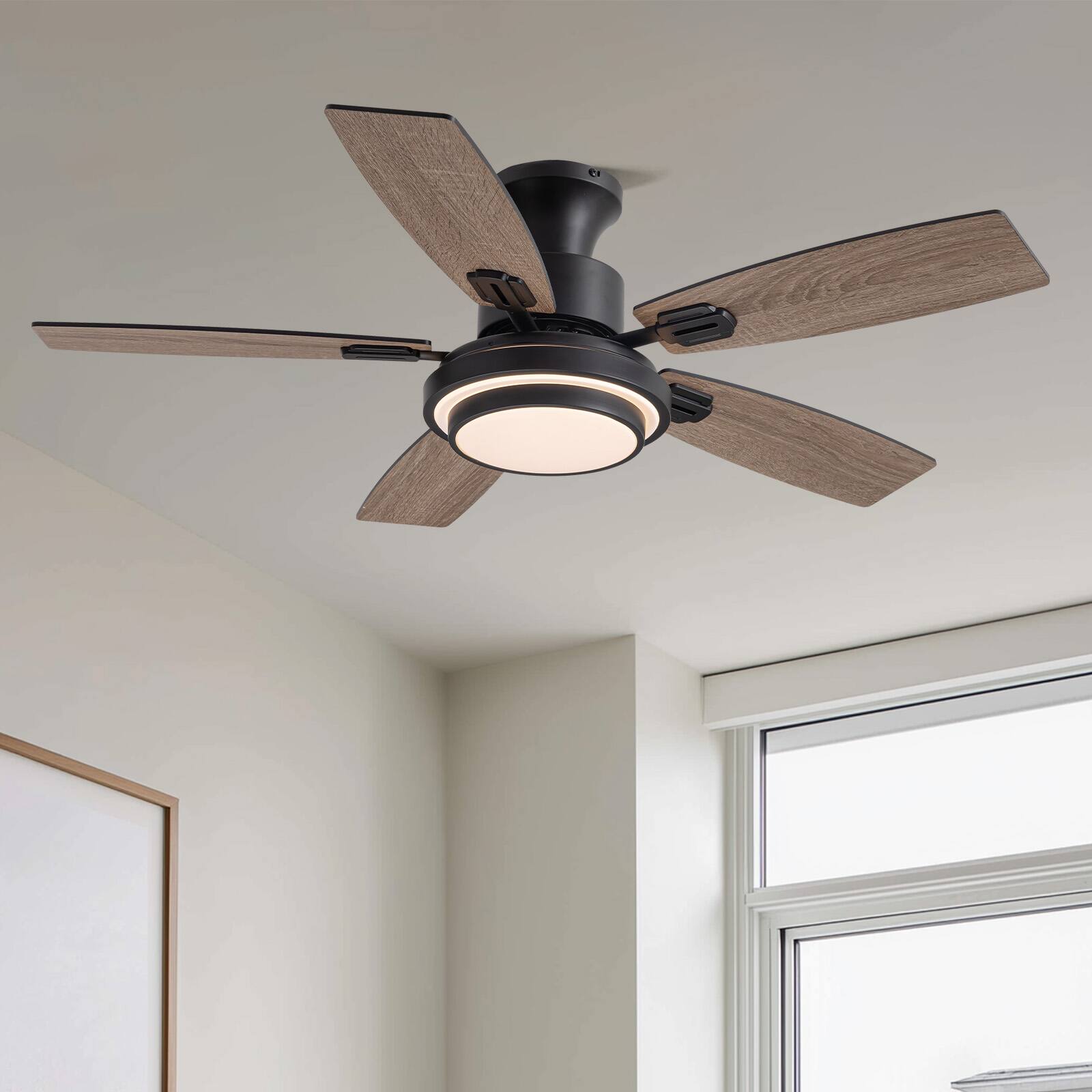 Siljoy - 42 Inch Black Flush Mount LED Ceiling Fan - Low Profile for Bedroom Living Room - Gloss Black