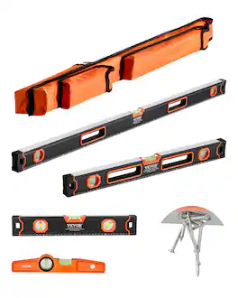VEVOR - 4-Piece Torpedo Level, 48/24/16/10 Inch All Magnetic Levels Set, Fluorescent Light Up Bubble Vials Ruler - Black + Orange