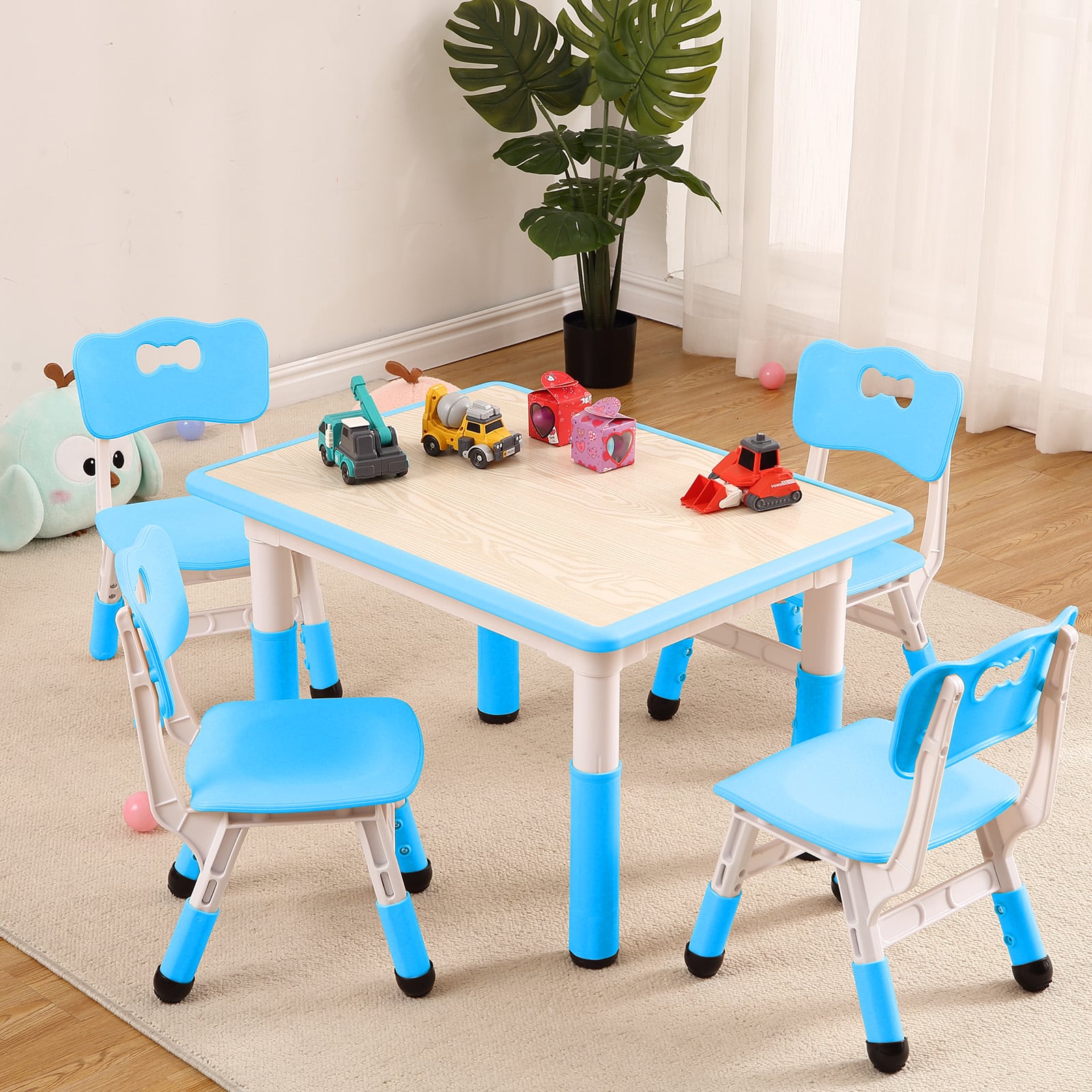 Acekool - Kids Table and Chairs Set, Toddler Height Adjustable Desk with Graffiti Desktop, 4 Seats - Blue