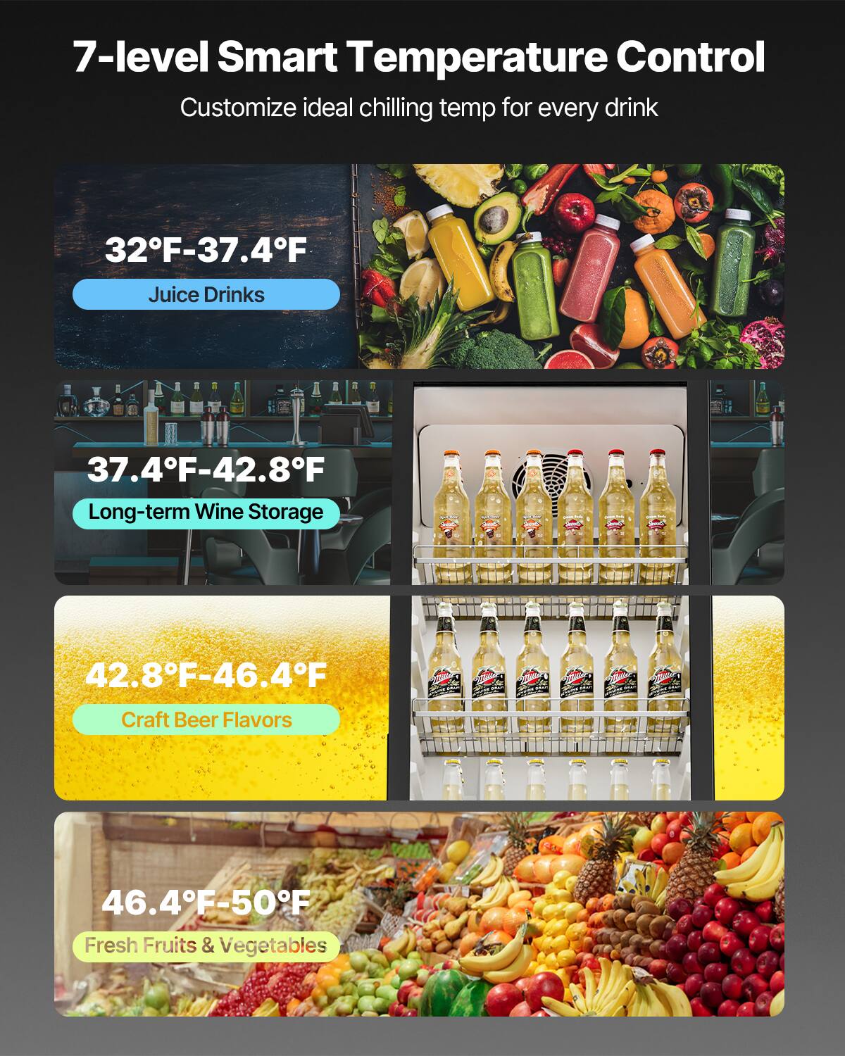 7-level Smart Temperature Control
Customize ideal chilling temp for every drink
32F-37.4F Juice Drinks
37.4F-42.8F Long-term Wine Storage
42.8F-46.4F Craft Beer Flavors
46.4F-50F Fresh Fruits & Vegetables
