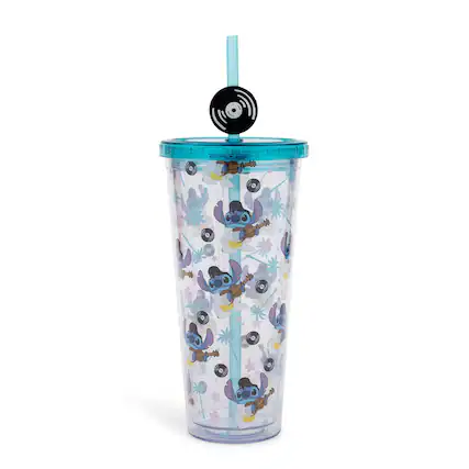 Front. Silver Buffalo - Disney Lilo & Stitch Elvis Stitch 24-Ounce Carnival Cup With Straw Topper Charm - Blue.