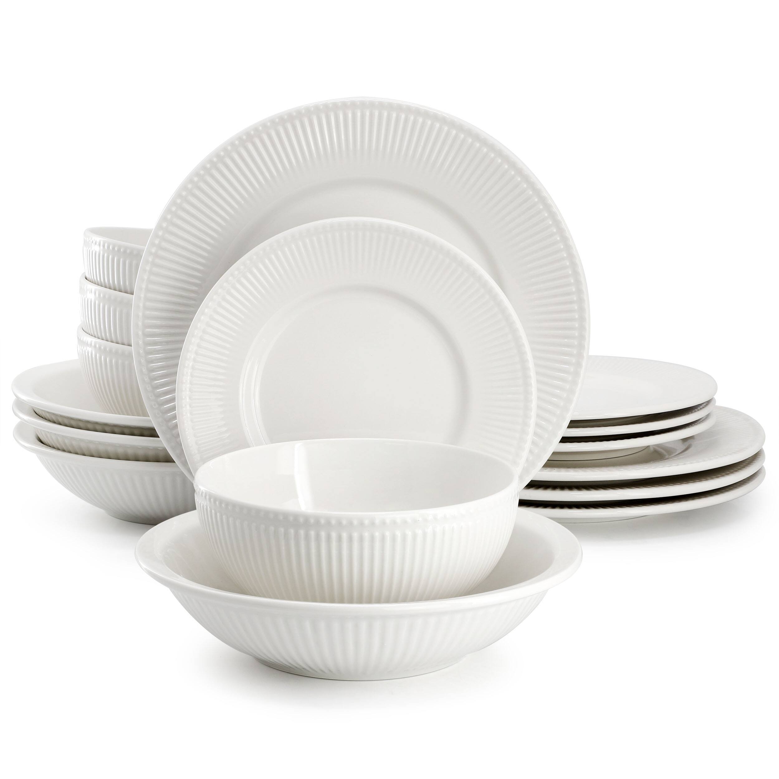 Alt View 9. Elama - Elama Kate 16 Piece Textured Trim Double Bowl Porcelain Dinnerware Set in White - White.