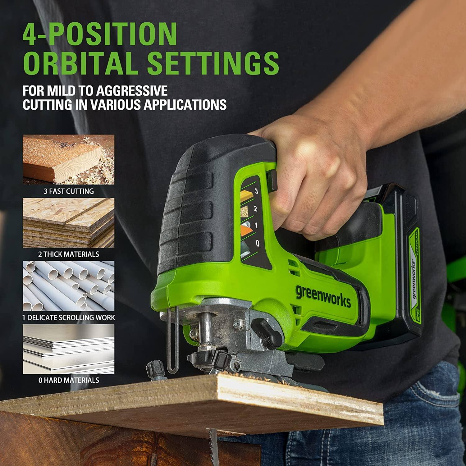 4-Position Orbital Settings for Mild to Aggressive Cutting in Various Applications

3 Fast Cutting
2 Thick Materials
1 Delicate Scrolling Work
0 Hard Materials