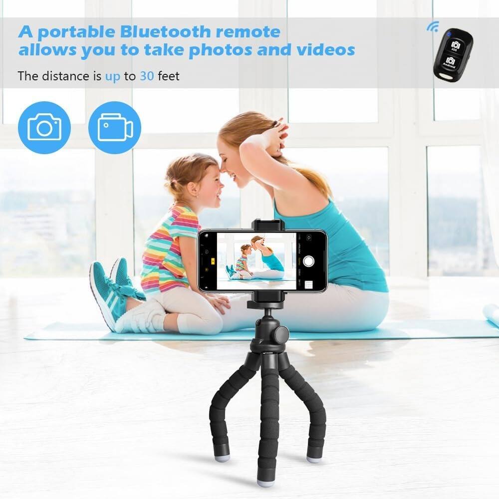 A portable Bluetooth remote allows you to take photos and videos.  
The distance is up to 30 feet.
