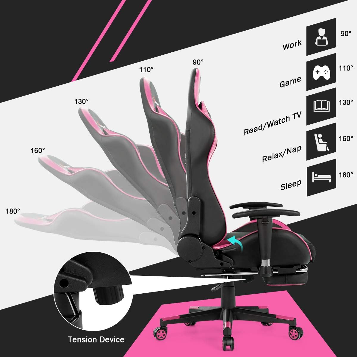 The text on the image can be grouped and corrected as follows:

110 90 Work Game + 90 110 160 130 TV Read/Watch Relax/Nap Sleep 130 160 180 180 Tension Device

This text describes the features of a chair, including its ability to support work, gaming, relaxation, and sleep. The chair also has a tension device to provide additional support and comfort.