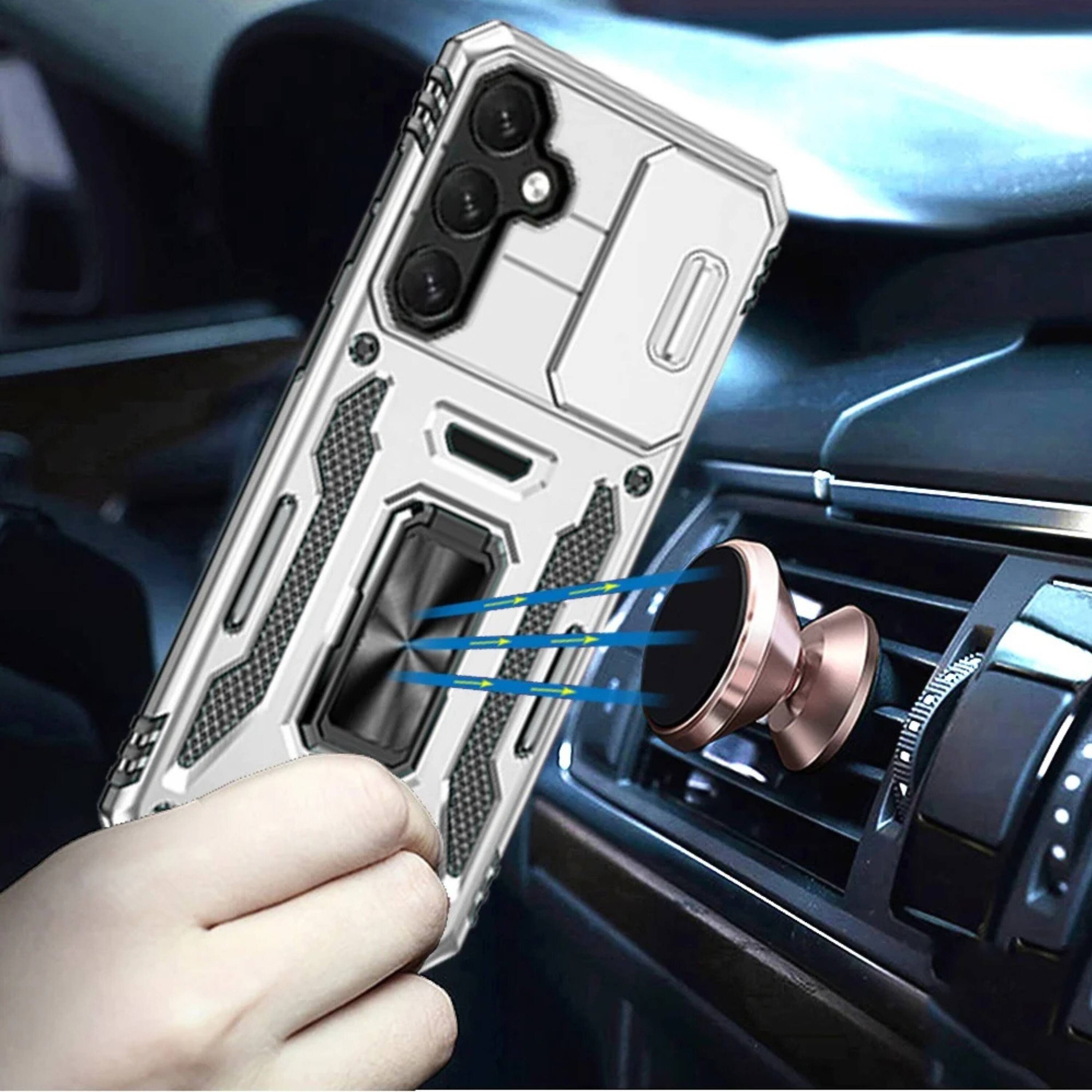 Left. Kitcheniva - Sliding Camera Lens Cover Case For Samsung S25 FE With Magnetic Ring Stand Silver - Silver.