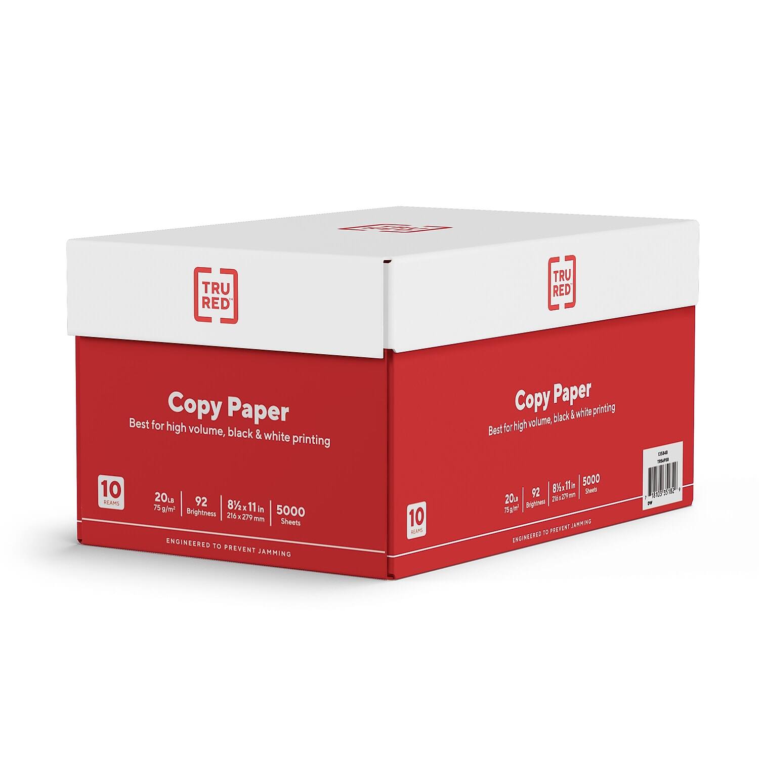 TRU RED  
Copy Paper  
Best for high volume, black & white printing  

10 REAMS  
20L  
75 g/m²  
Brightness 216  
8½ x 11"  
5000 Sheets  
216 x 279 mm  

ENGINEERED TO PREVENT JAMMING